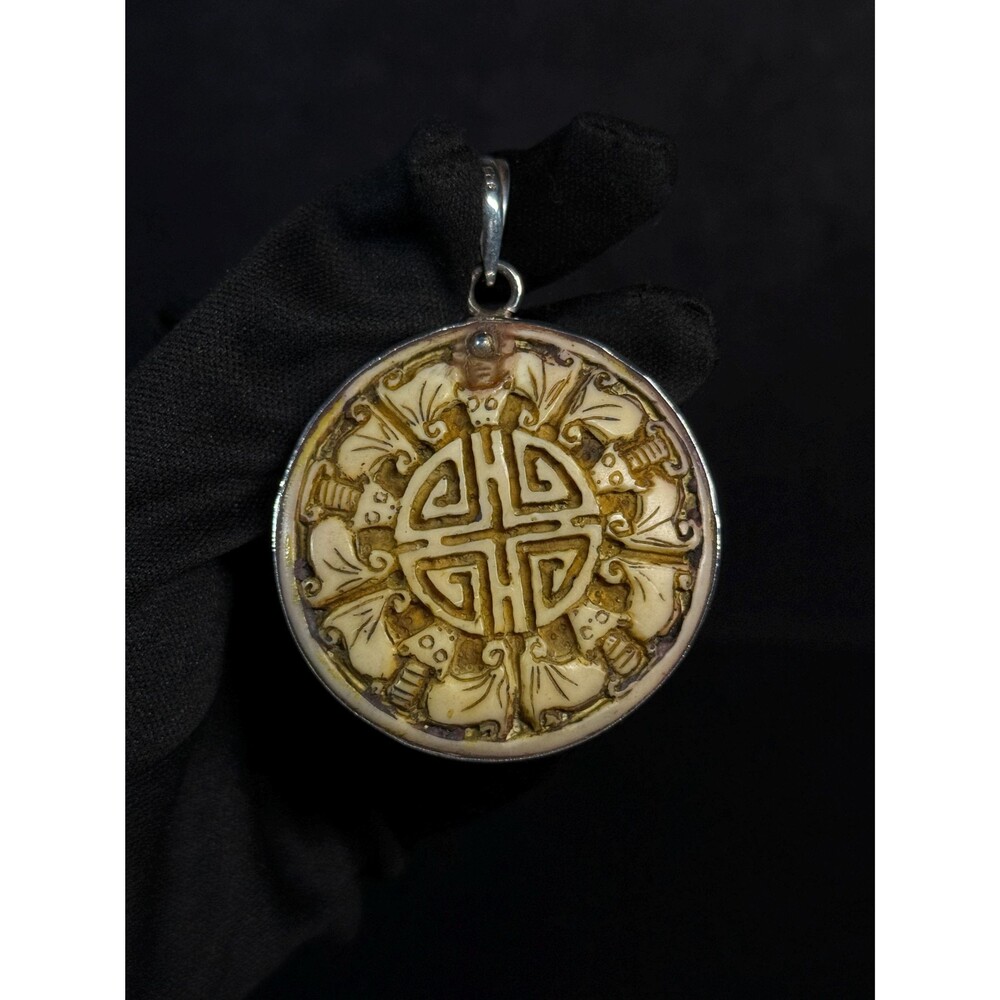 Sterling Silver 925 Carved Bone Longevity Symbol Pendant